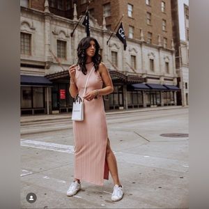 Express Rose Color Sleeveless Ribbed Knit Maxi Dress With Slit